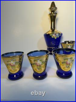 Vintage Murano Blue Glass Decanter 6 matching glasses Leaves & Flower Decoration