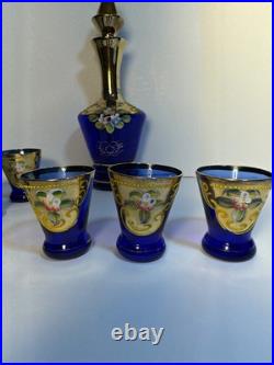 Vintage Murano Blue Glass Decanter 6 matching glasses Leaves & Flower Decoration