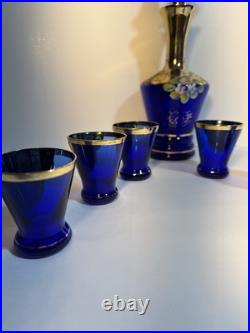 Vintage Murano Blue Glass Decanter 6 matching glasses Leaves & Flower Decoration