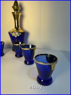Vintage Murano Blue Glass Decanter 6 matching glasses Leaves & Flower Decoration