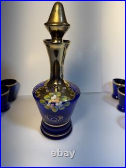 Vintage Murano Blue Glass Decanter 6 matching glasses Leaves & Flower Decoration