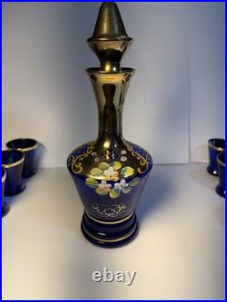 Vintage Murano Blue Glass Decanter 6 matching glasses Leaves & Flower Decoration