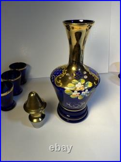 Vintage Murano Blue Glass Decanter 6 matching glasses Leaves & Flower Decoration Vintage Murano Blue Glass Decanter 6 matching glasses Leaves & Flower Decoration