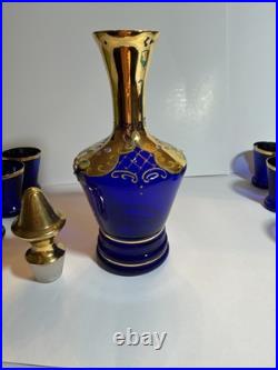 Vintage Murano Blue Glass Decanter 6 matching glasses Leaves & Flower Decoration
