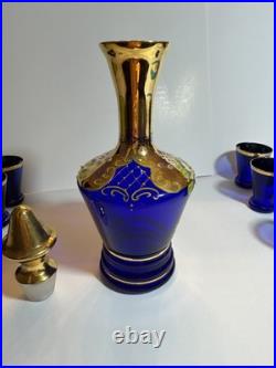 Vintage Murano Blue Glass Decanter 6 matching glasses Leaves & Flower Decoration