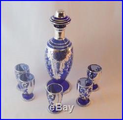 Vintage Murano Cobalt Blue Decanter Glass Cordial Set Silver Overlay Barware