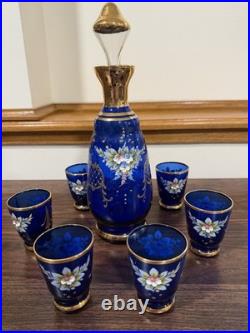 Vintage Murano Cobalt Blue & Gold Decanter Set Hand Painted Floral Design Italy
