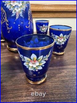 Vintage Murano Cobalt Blue & Gold Decanter Set Hand Painted Floral Design Italy