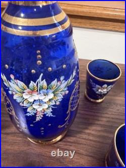 Vintage Murano Cobalt Blue & Gold Decanter Set Hand Painted Floral Design Italy