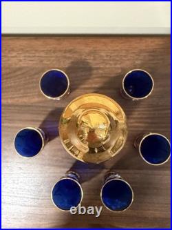 Vintage Murano Cobalt Blue & Gold Decanter Set Hand Painted Floral Design Italy
