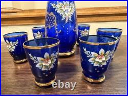 Vintage Murano Cobalt Blue & Gold Decanter Set Hand Painted Floral Design Italy