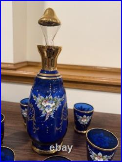 Vintage Murano Cobalt Blue & Gold Decanter Set Hand Painted Floral Design Italy