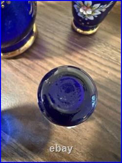 Vintage Murano Cobalt Blue & Gold Decanter Set Hand Painted Floral Design Italy