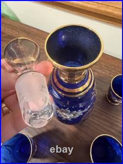 Vintage Murano Cobalt Blue & Gold Decanter Set Hand Painted Floral Design Italy