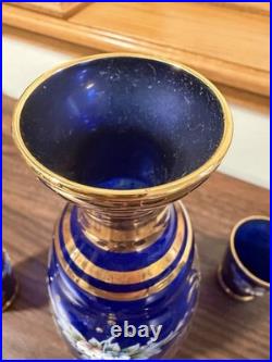 Vintage Murano Cobalt Blue & Gold Decanter Set Hand Painted Floral Design Italy