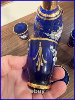 Vintage Murano Cobalt Blue & Gold Decanter Set Hand Painted Floral Design Italy