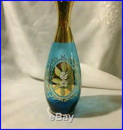 Vintage Murano Cobalt Blue & Gold Wine Decanter With 6 Matching Cordials