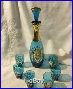 Vintage Murano Cobalt Blue & Gold Wine Decanter With 6 Matching Cordials