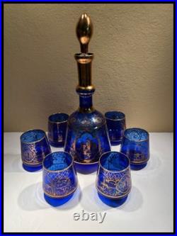 Vintage Murano Cobalt Blue Venetian Theme Decanter With Six Glasses Cordial Set