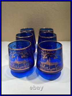 Vintage Murano Cobalt Blue Venetian Theme Decanter With Six Glasses Cordial Set