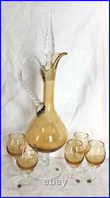 Vintage Murano Decanter Cordial Set Twisted Glass and 5 Stemmed Glasses