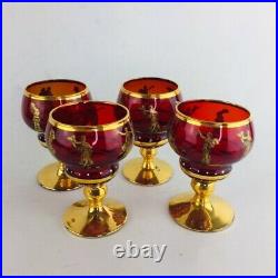 Vintage Murano Glass Decanter & 4 Glasses Red Etched with Gold Roman Motifs