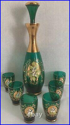 Vintage Murano Green Glass Decanter Set Handmade in Murano, Italy with24kt Gold