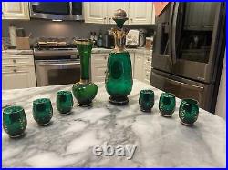 Vintage Murano Green Glass Decanter Set Handmade in Murano, Italy with24kt Gold