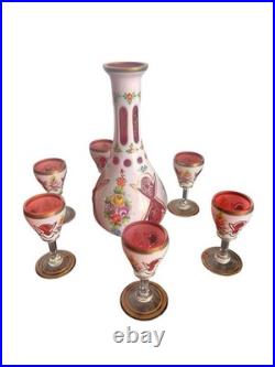 Vintage Murano Italian Art Glass Cordial Decanter Set Pink Floral Gold Gilt