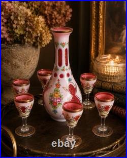 Vintage Murano Italian Art Glass Cordial Decanter Set Pink Floral Gold Gilt