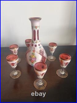 Vintage Murano Italian Art Glass Cordial Decanter Set Pink Floral Gold Gilt