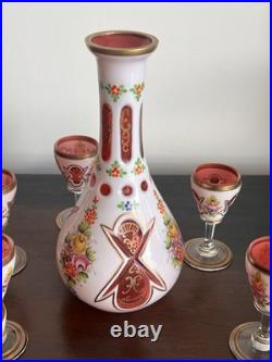 Vintage Murano Italian Art Glass Cordial Decanter Set Pink Floral Gold Gilt