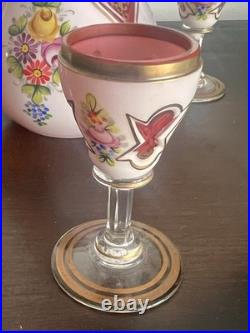 Vintage Murano Italian Art Glass Cordial Decanter Set Pink Floral Gold Gilt