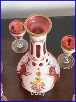 Vintage Murano Italian Art Glass Cordial Decanter Set Pink Floral Gold Gilt