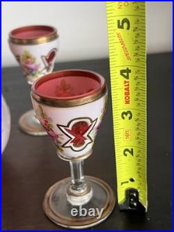 Vintage Murano Italian Art Glass Cordial Decanter Set Pink Floral Gold Gilt