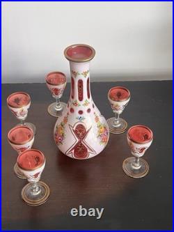 Vintage Murano Italian Art Glass Cordial Decanter Set Pink Floral Gold Gilt