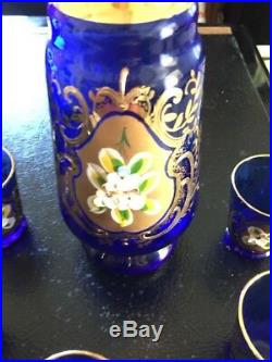 Vintage Murano Italy Cobalt Blue Gold Overlay Raised Flower Decanter 5 Glasses