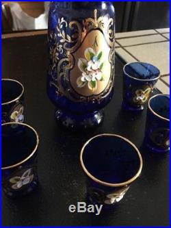 Vintage Murano Italy Cobalt Blue Gold Overlay Raised Flower Decanter 5 Glasses