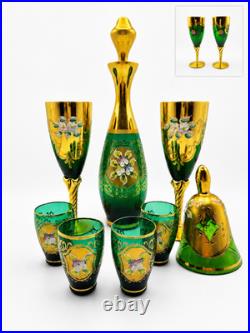 Vintage Murano Tre Fuochi Italian Green Glass Decanter Set 24K Gold 8pc OBO