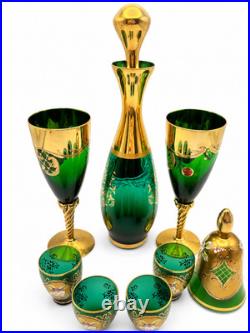 Vintage Murano Tre Fuochi Italian Green Glass Decanter Set 24K Gold 8pc OBO