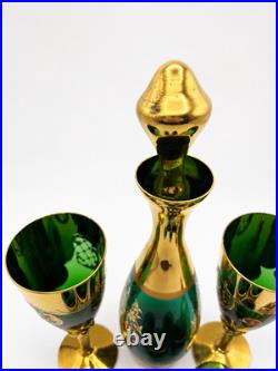 Vintage Murano Tre Fuochi Italian Green Glass Decanter Set 24K Gold 8pc OBO
