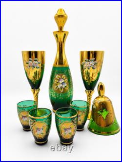 Vintage Murano Tre Fuochi Italian Green Glass Decanter Set 24K Gold 8pc OBO