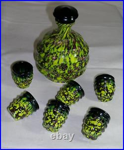 Vintage Murano V. Nason Glass Decanter Set With 6 Glasses Green & Black