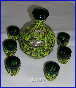 Vintage Murano V. Nason Glass Decanter Set With 6 Glasses Green & Black