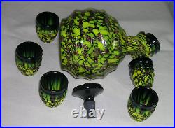 Vintage Murano V. Nason Glass Decanter Set With 6 Glasses Green & Black