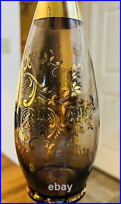 Vintage Murano Venetian Art Glass Decanter Amber Cordial Set of 7 ITALY