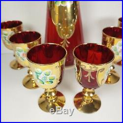 Vintage Murano Venetian Decanter Cup Set Italian Glass Red Ruby 24k Gold Wine
