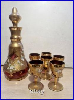 Vintage Murano glass decanter & matching Set Of 6 glasses, Unused, Hand Painted