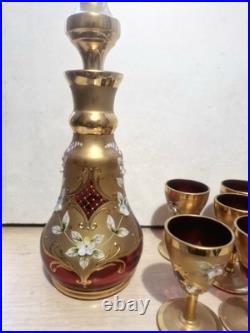 Vintage Murano glass decanter & matching Set Of 6 glasses, Unused, Hand Painted