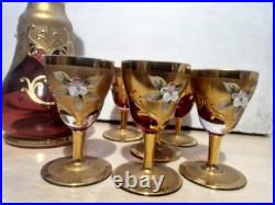 Vintage Murano glass decanter & matching Set Of 6 glasses, Unused, Hand Painted